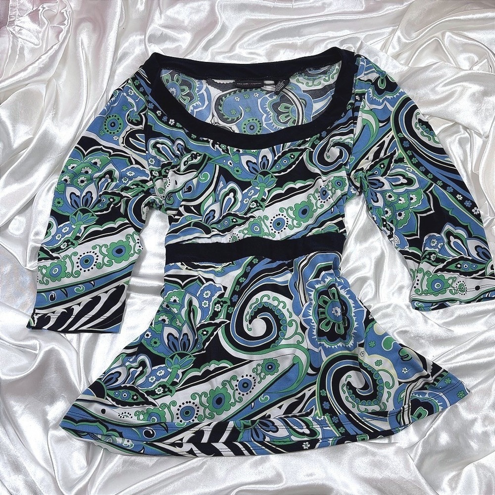 y2k Blouse Blue Excellent Paisley Floral Empire Waist 3/4 Sleeve Top